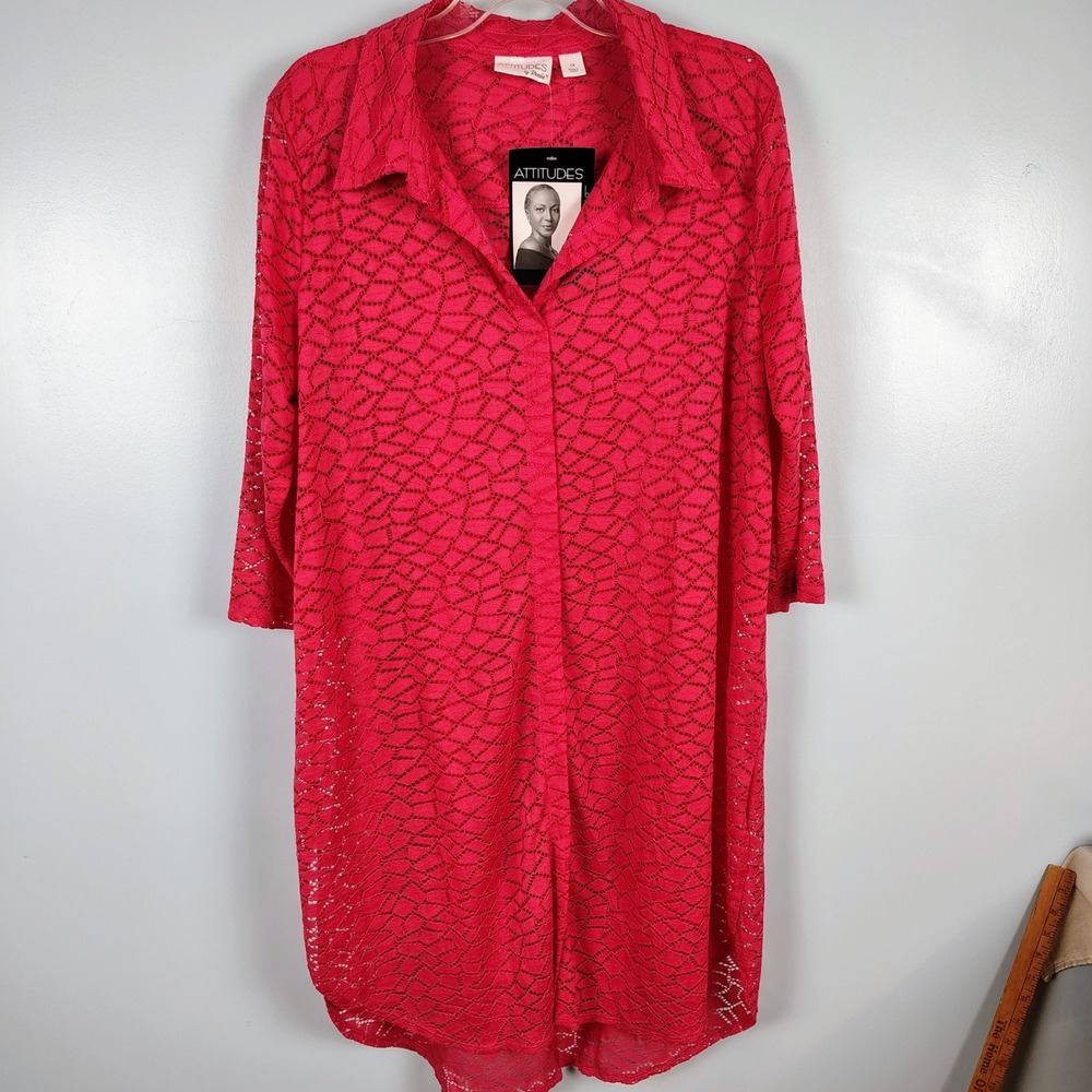 NWT Womens 1X Attitudes by Renee Lace Tunic mauve Geometric Sheer Romantic Boho